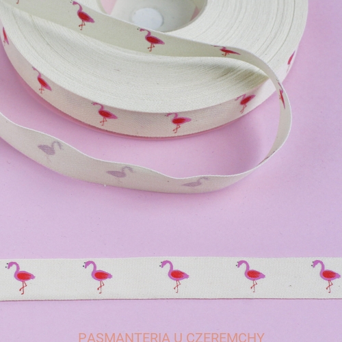 tasiemka /wstążka/ bawełniana 15 mm z nadrukiem - flamingi
