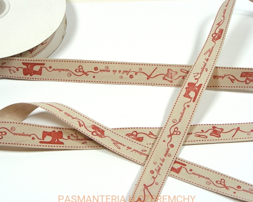 tasiemka bawełniana 15 mm z nadrukiem - motywy krawieckie w kolorze bordowym