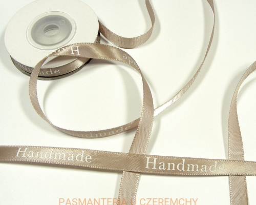 tasiemka satynowa 9 mm beżowa z nadrukiem "Handmade"