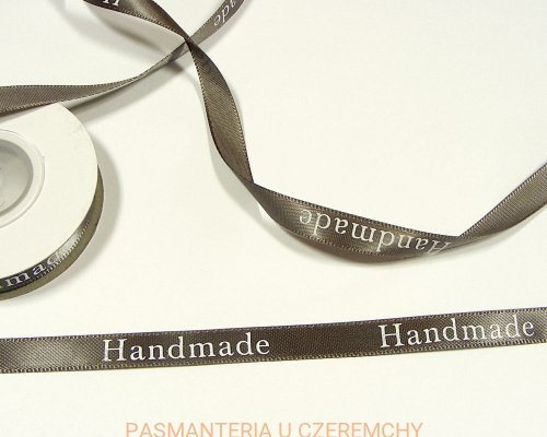 tasiemka satynowa 9 mm ciemnobeżowa z nadrukiem "Handmade"