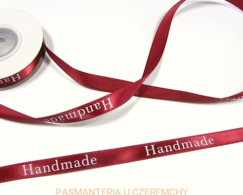 tasiemka satynowa 9 mm bordowa z nadrukiem "Handmade"