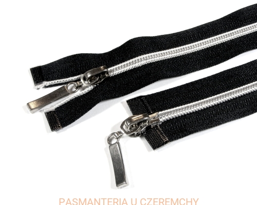zamek 100 cm czarny dwusuwakowy rozdzielczy plastikowy - imitacja metalu, białe przeszycie, spirala rozm. 5