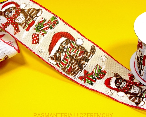 taśma dekoracyjna 63 mm drukowana - koty-Mikołaje