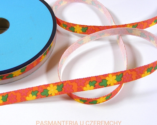 tasiemka rypsowa 10 mm drukowana - kwiatki na pomarańczowym tle