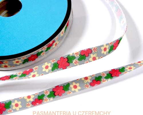 tasiemka rypsowa 10 mm drukowana - kwiatki na szarym tle