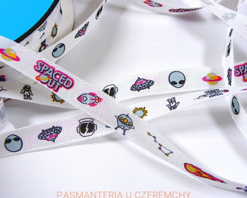 tasiemka drukowana 12 mm - biała w motywy UFO