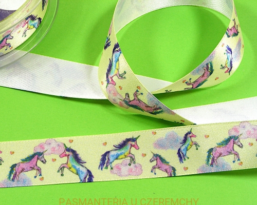 tasiemka satynowa 25 mm drukowana - jednorożce