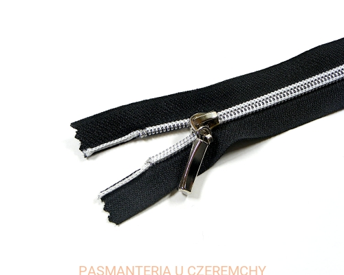 zamek 14 cm czarny, nierozdzielczy plastikowy - imitacja metalu, białe przeszycie, spirala rozm. 5