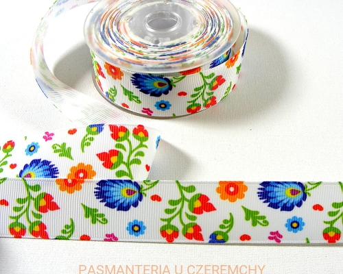 tasiemka rypsowa drukowana 25 mm - kwiaty ludowe na białym tle