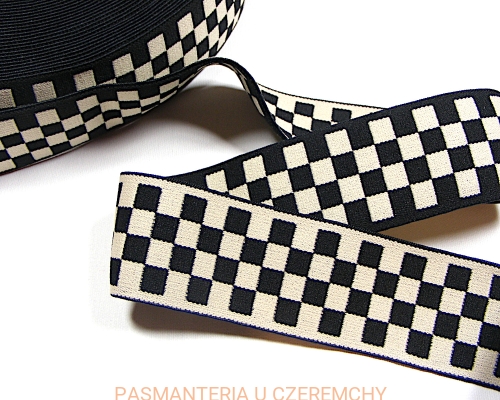 guma żakardowa 40 mm - szachownica ecru - czarna