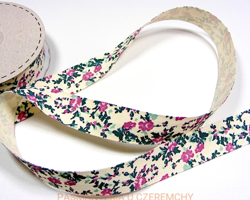 tasiemka bawełniana 25 mm z nadrukiem - różowe kwiatki na tle ecru