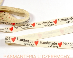wyprzedaż końcowa - 2,97 m - tasiemka bawełniana 15 mm z nadrukiem - "Handmade with love" /wstążka/