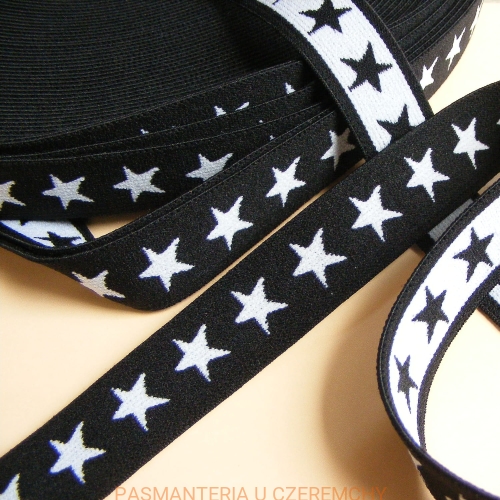 guma ozdobna 20 mm czarna w białe gwiazdki