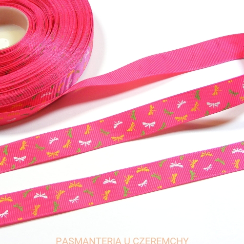 tasiemka /wstążka/ rypsowa drukowana /15 mm/ - ważki na różowym tle